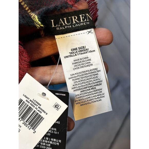 Lauren Ralph Lauren Black Label Plaid Fringe Scarf NWT Red Black Yellow 44x46 - Picture 5 of 8